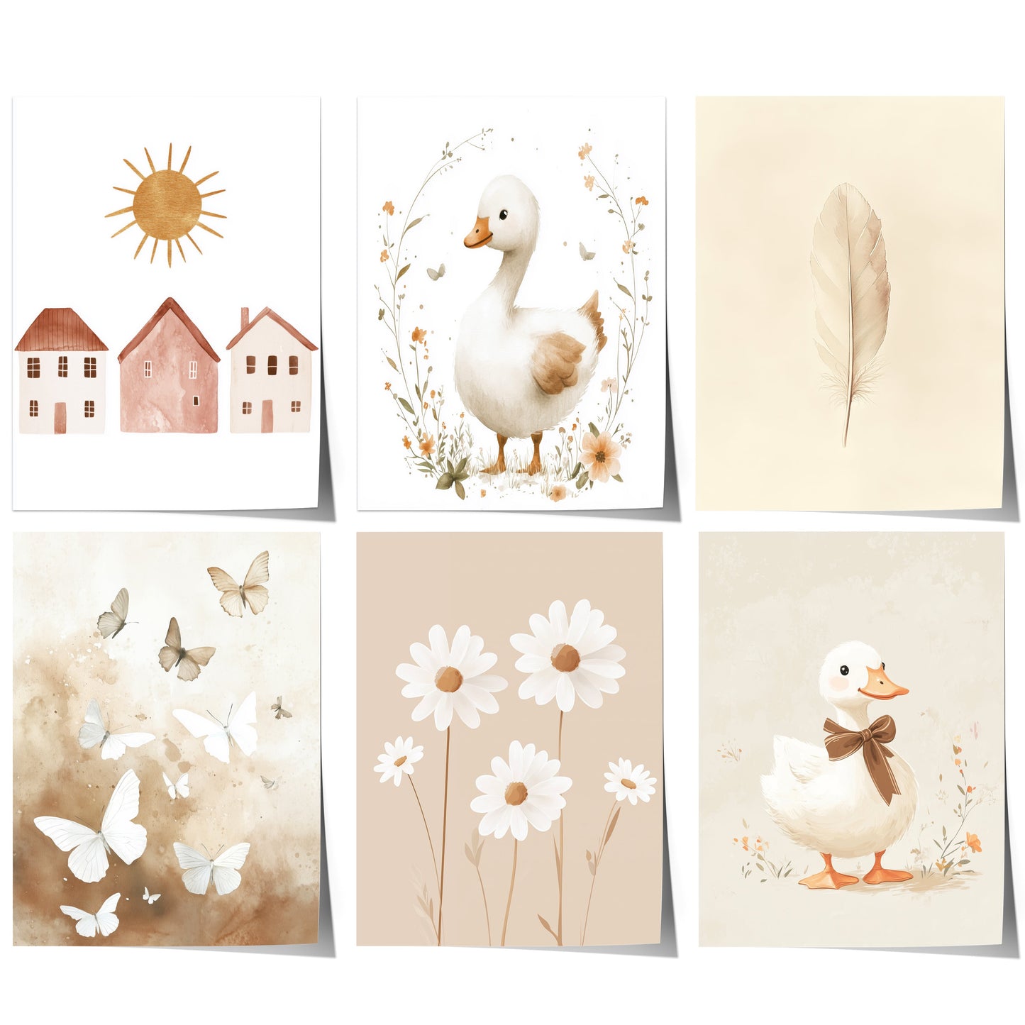 Boho Babyzimmer Poster · Niedliche Ente , Schmetterlinge, Gänseblümchen, Häuser & Sonne Scandi Kinderzimmer Deko · Deko Print ohne Rahmen-0
