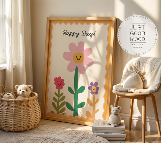 Poster Kinderzimmer Blumen · Happy Day! Schriftzug · Fröhliche Blumendeko in Pastell · Wandbild für Kinder · Dekoprint Ohne Rahmen-0